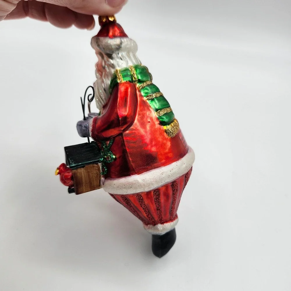 Santa with‎ Birdhouse & Holly Blown Glass Christmas Ornament Red Green Glitter